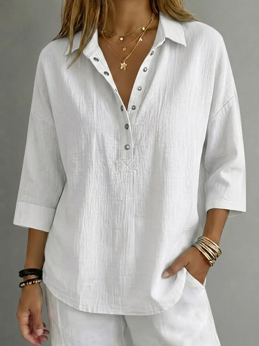 💝💝Women's Casual Linen Blend Henley 3/4 Sleeve Shirt