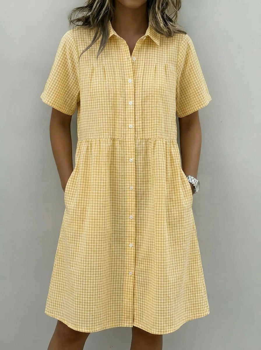 💝💝Women’s Cotton Linen Gingham Button-Up Shirt Dress