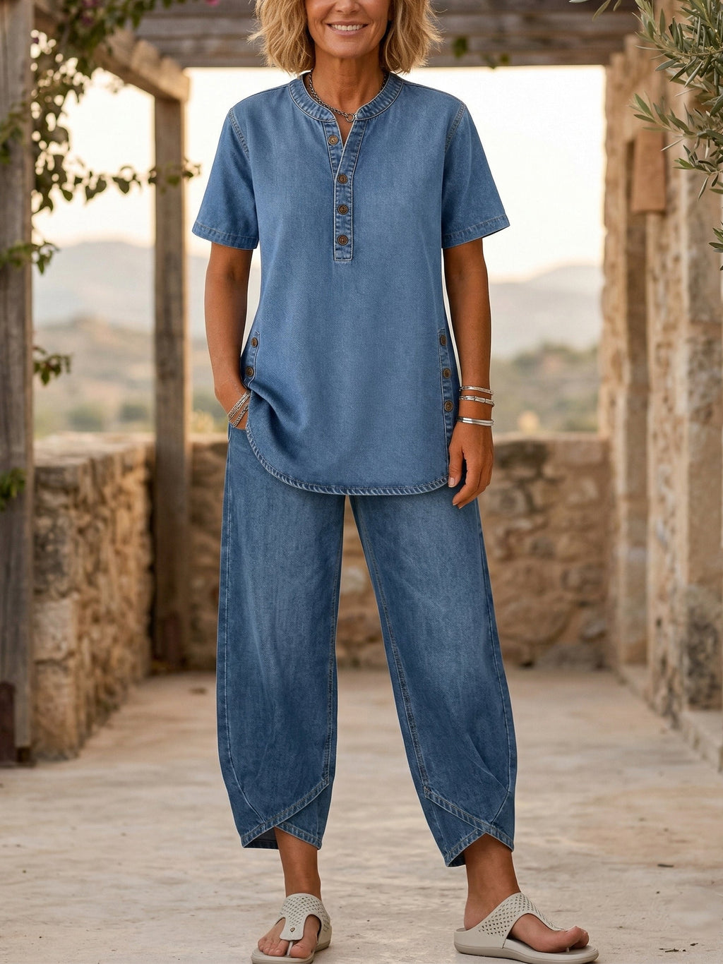💝💝Women‘s Short-sleeve denim Two-piece set