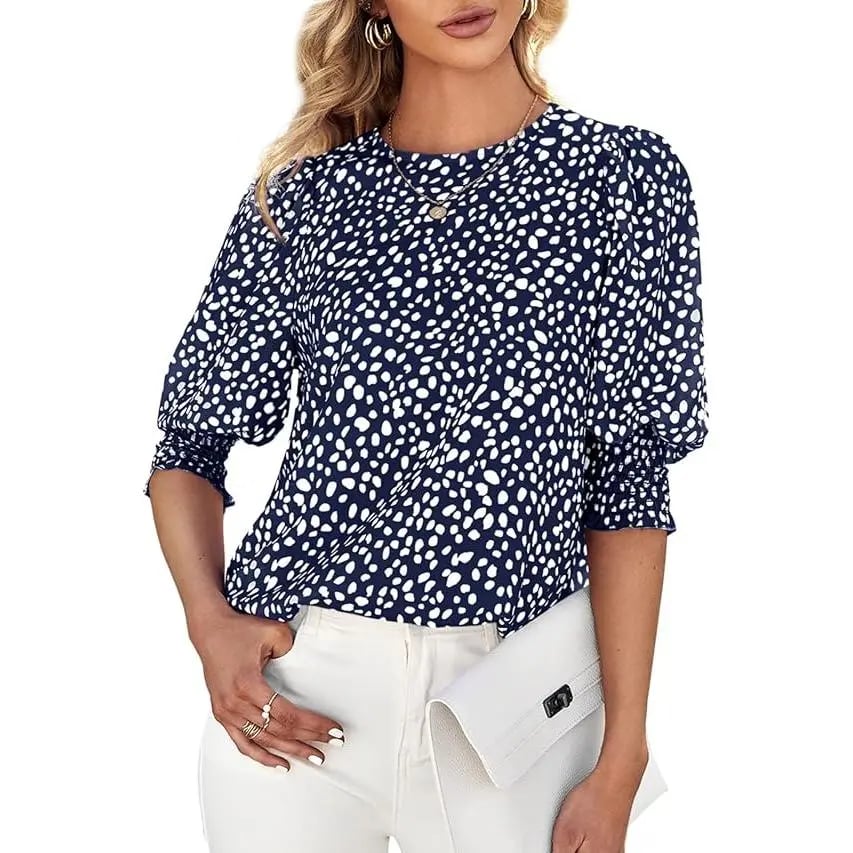 Polka Dot 3/4 Sleeve Blouse – Crew Neck, Relaxed Fit