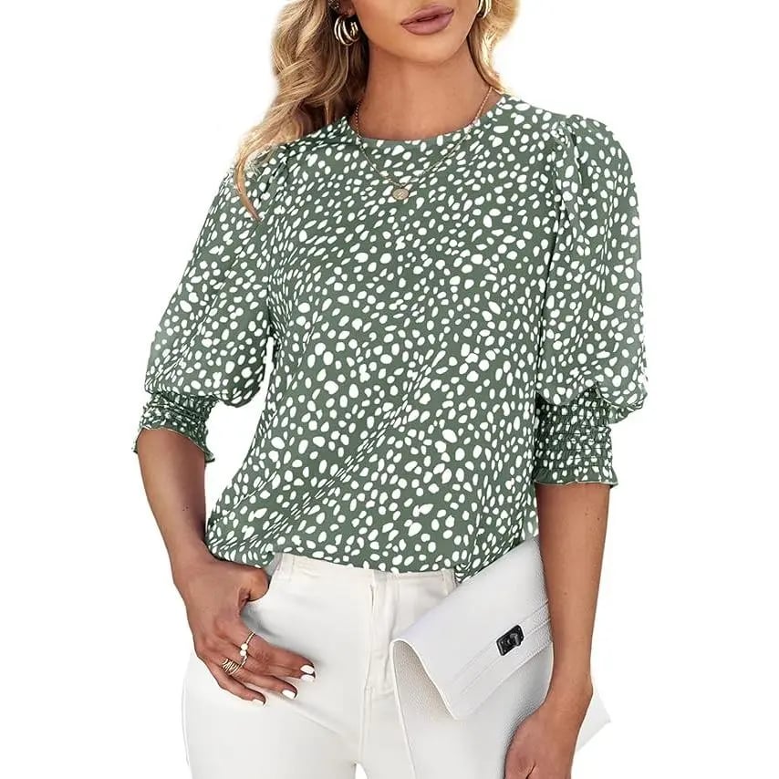 Polka Dot 3/4 Sleeve Blouse – Crew Neck, Relaxed Fit