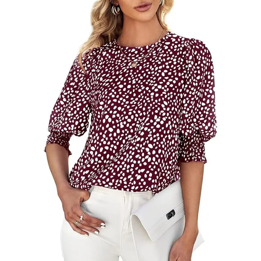 Polka Dot 3/4 Sleeve Blouse – Crew Neck, Relaxed Fit