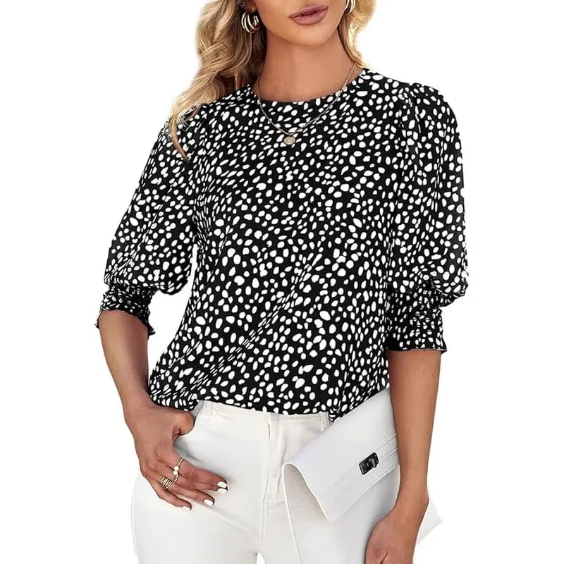 Polka Dot 3/4 Sleeve Blouse – Crew Neck, Relaxed Fit