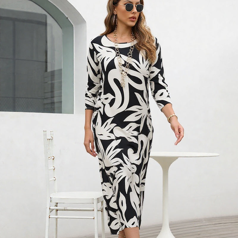 Floral Print long dress – Relaxed Fit, Round Neck