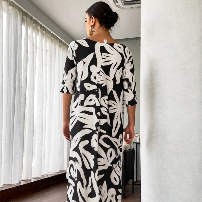 Floral Print long dress – Relaxed Fit, Round Neck