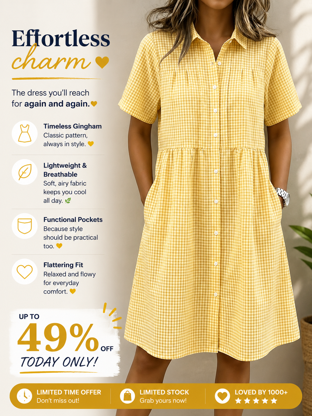 💝💝Women’s Cotton Linen Gingham Button-Up Shirt Dress