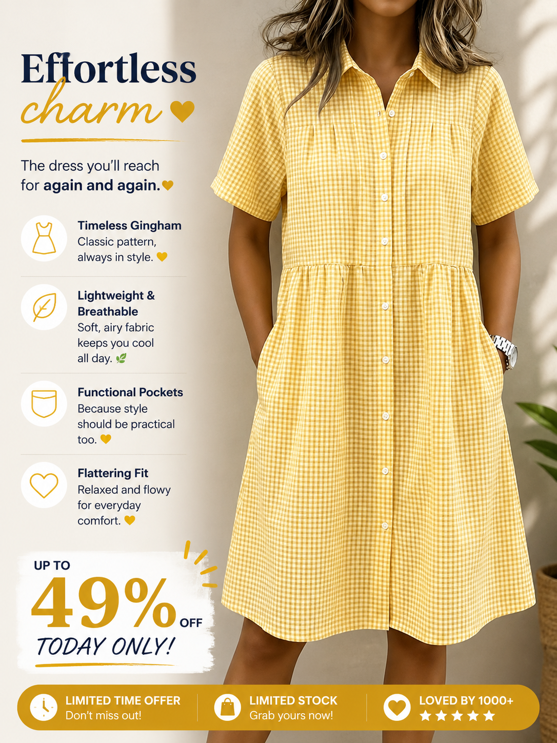 💝💝Women’s Cotton Linen Gingham Button-Up Shirt Dress