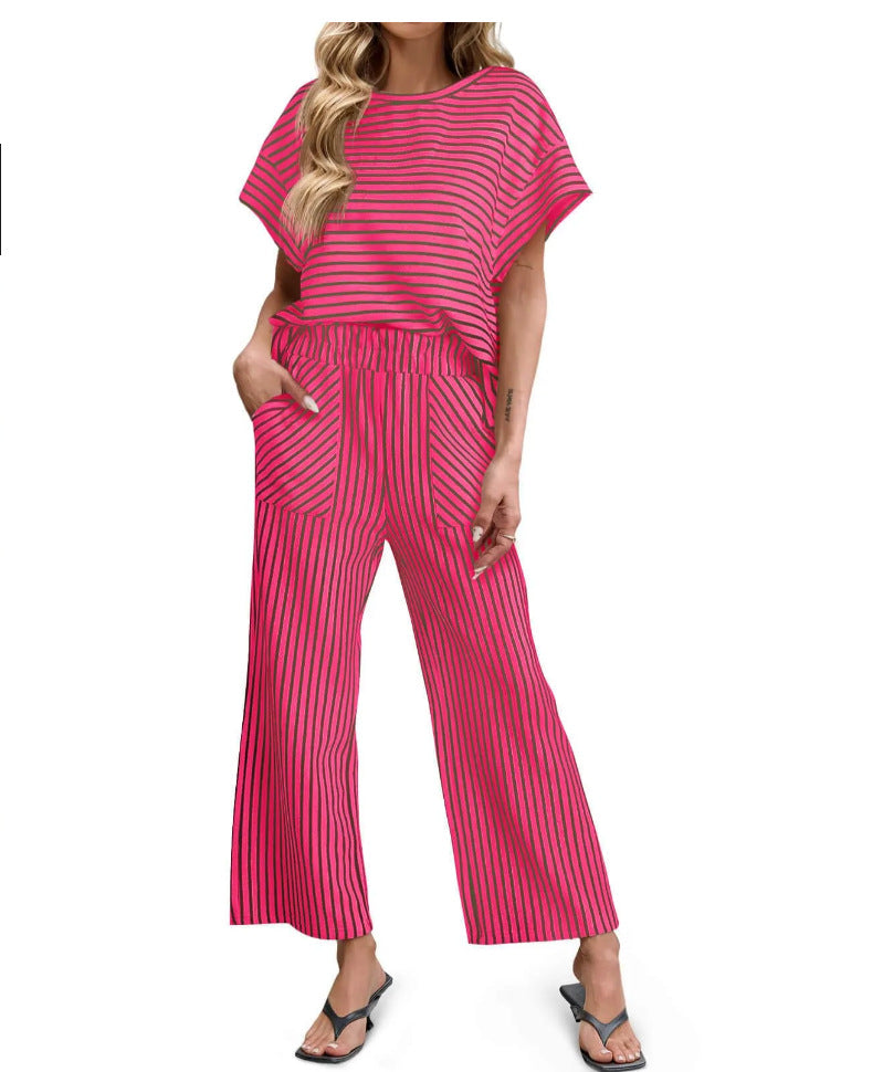 Striped Knit Lounge Set – Short Sleeve Top & Drawstring Pants, Relaxed Fit, with Pockets