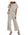 Striped Knit Lounge Set – Short Sleeve Top & Drawstring Pants, Relaxed Fit, with Pockets