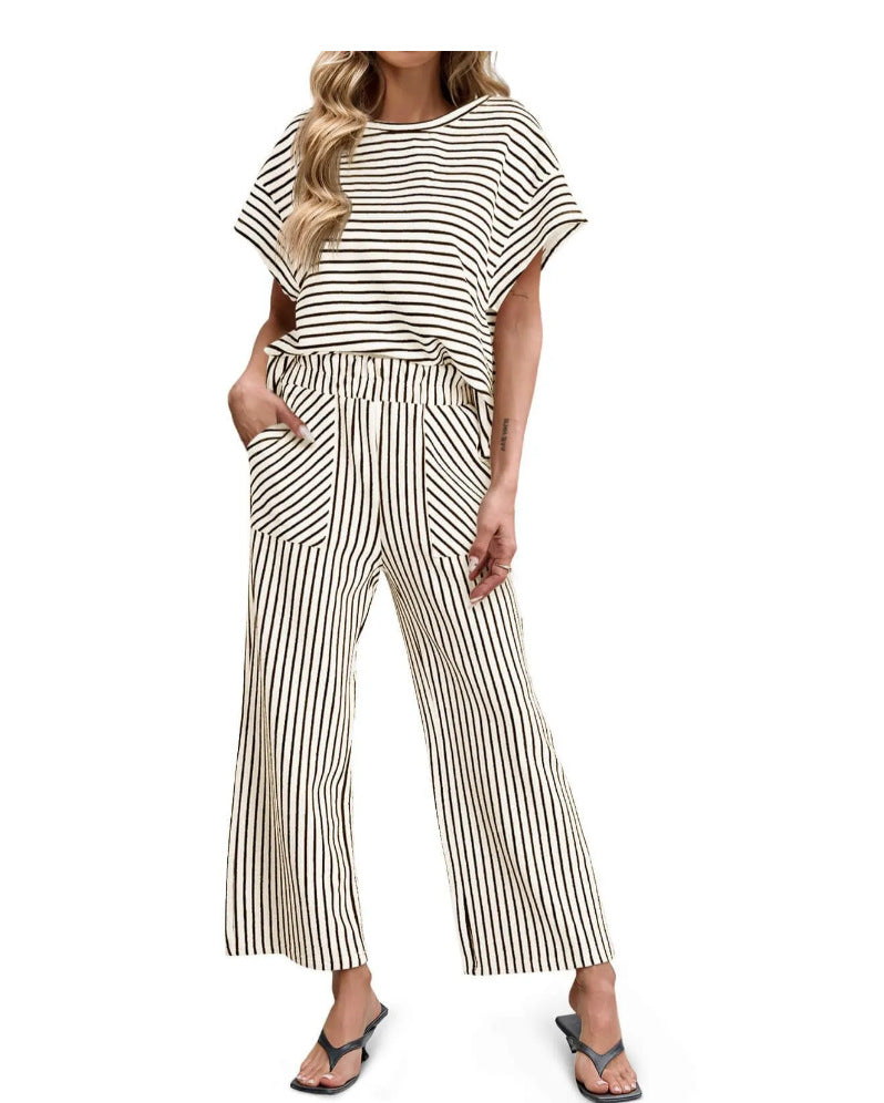 Striped Knit Lounge Set – Short Sleeve Top & Drawstring Pants, Relaxed Fit, with Pockets