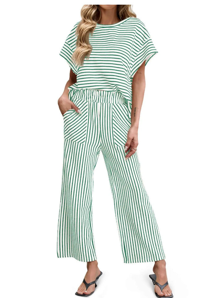 Striped Knit Lounge Set – Short Sleeve Top & Drawstring Pants, Relaxed Fit, with Pockets