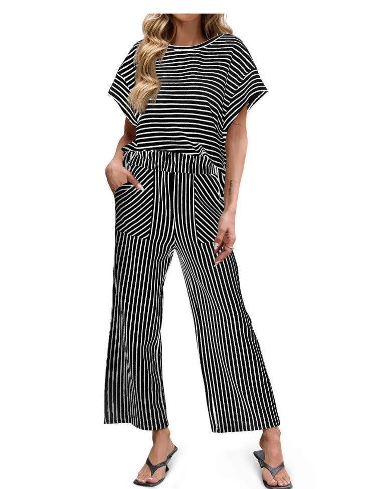 Striped Knit Lounge Set – Short Sleeve Top & Drawstring Pants, Relaxed Fit, with Pockets