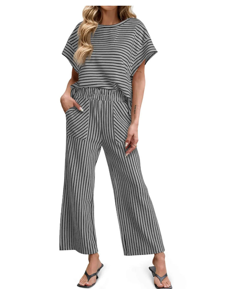 Striped Knit Lounge Set – Short Sleeve Top & Drawstring Pants, Relaxed Fit, with Pockets