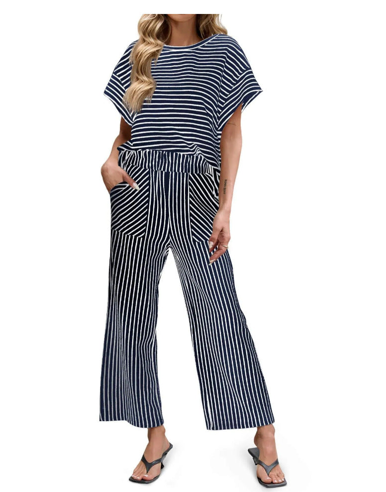 Striped Knit Lounge Set – Short Sleeve Top & Drawstring Pants, Relaxed Fit, with Pockets