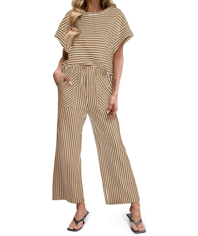 Striped Knit Lounge Set – Short Sleeve Top & Drawstring Pants, Relaxed Fit, with Pockets