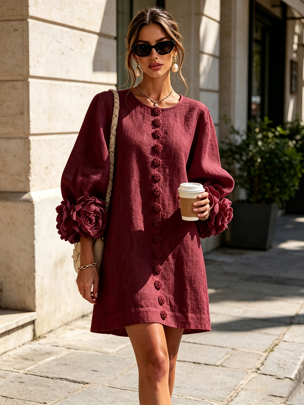 💝💝White Floral Button-down Mini Dress With Striking Floral Cuffs