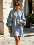 💝💝White Floral Button-down Mini Dress With Striking Floral Cuffs