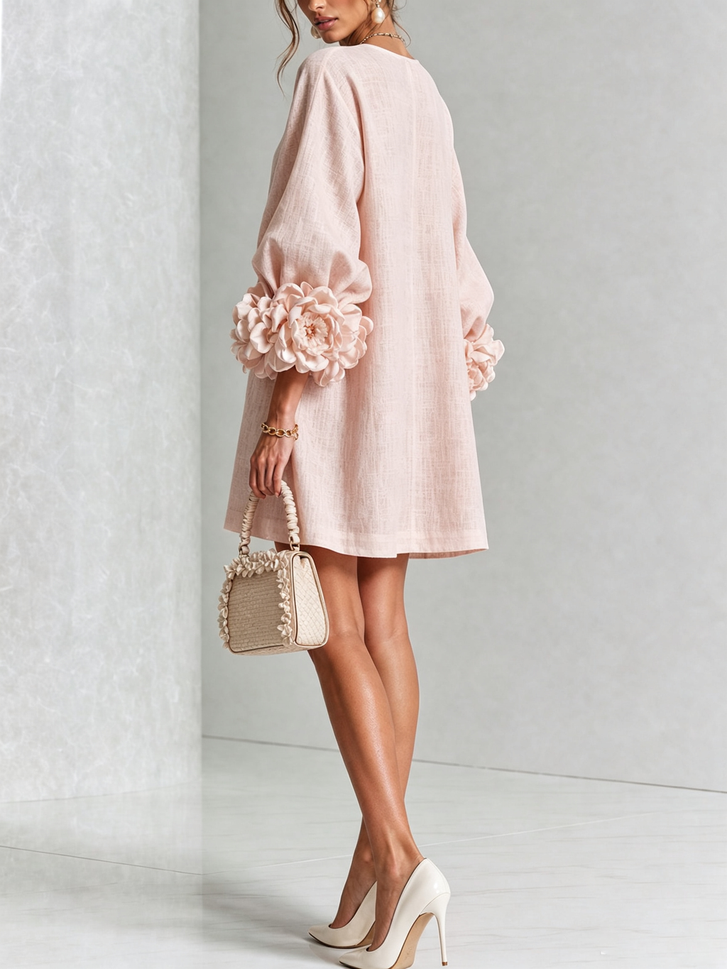 💝💝White Floral Button-down Mini Dress With Striking Floral Cuffs