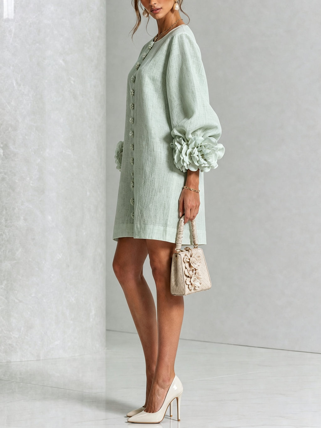 💝💝White Floral Button-down Mini Dress With Striking Floral Cuffs