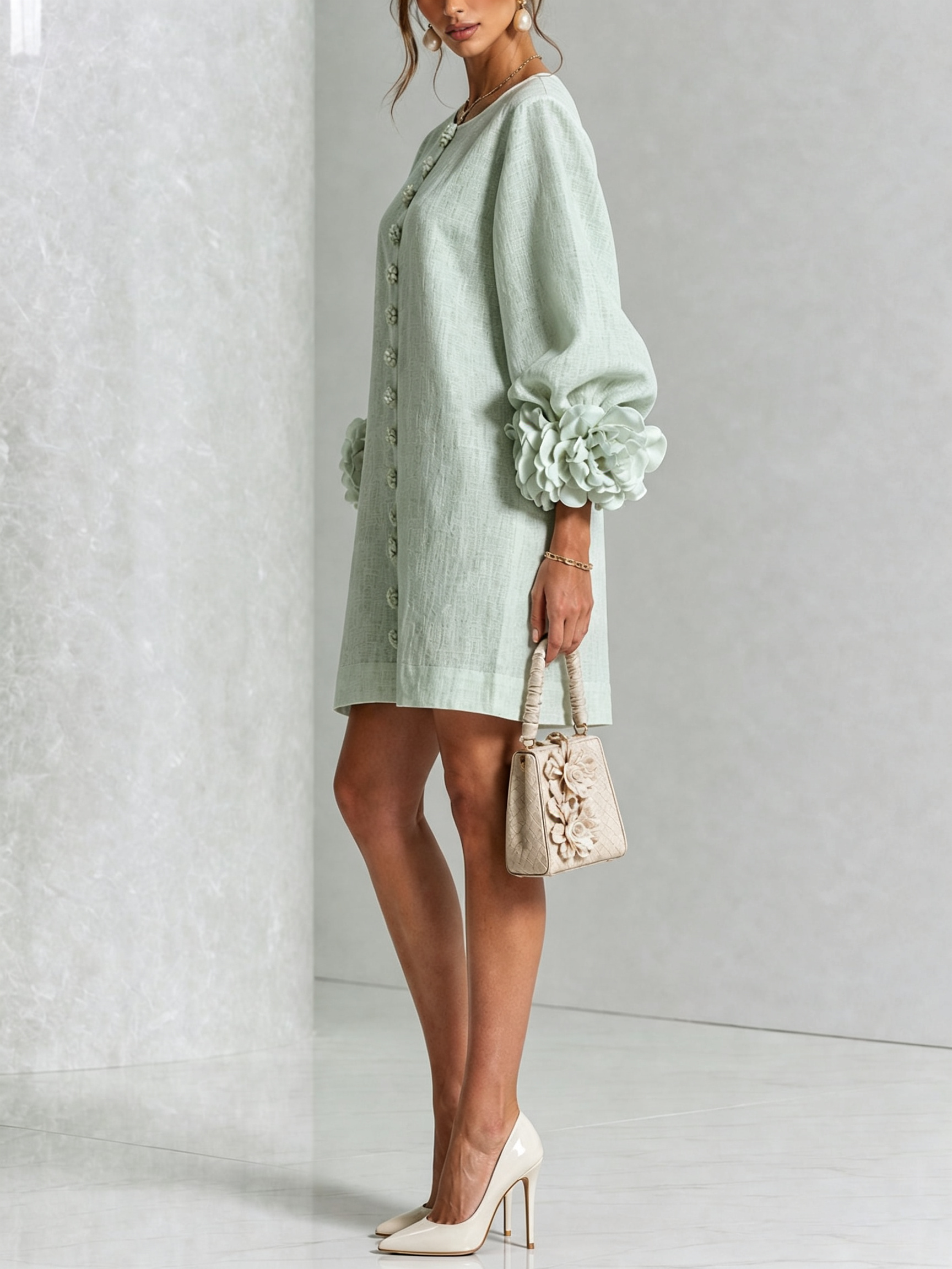 💝💝White Floral Button-down Mini Dress With Striking Floral Cuffs
