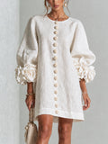 💝💝White Floral Button-down Mini Dress With Striking Floral Cuffs
