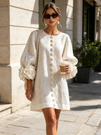 💝💝White Floral Button-down Mini Dress With Striking Floral Cuffs