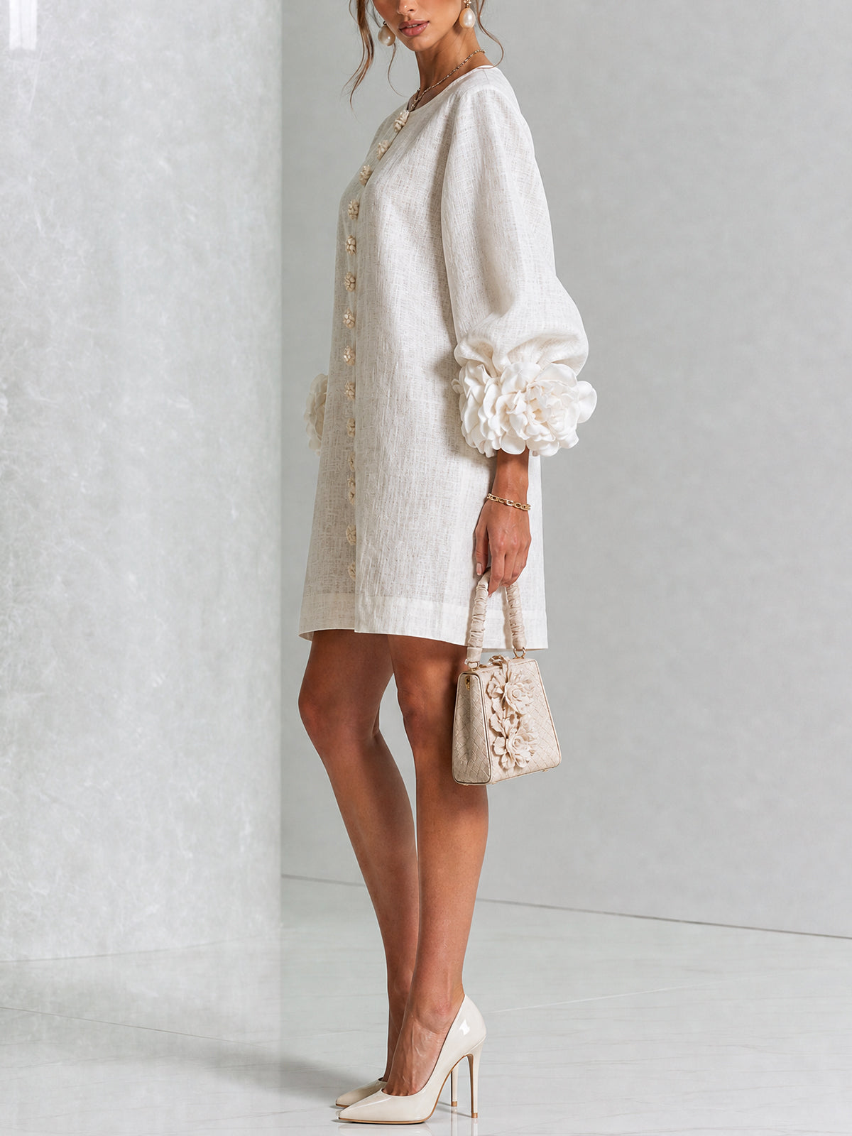 💝💝White Floral Button-down Mini Dress With Striking Floral Cuffs