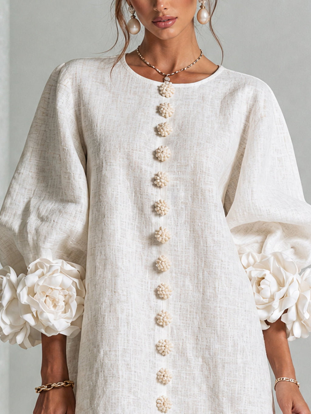 💝💝White Floral Button-down Mini Dress With Striking Floral Cuffs
