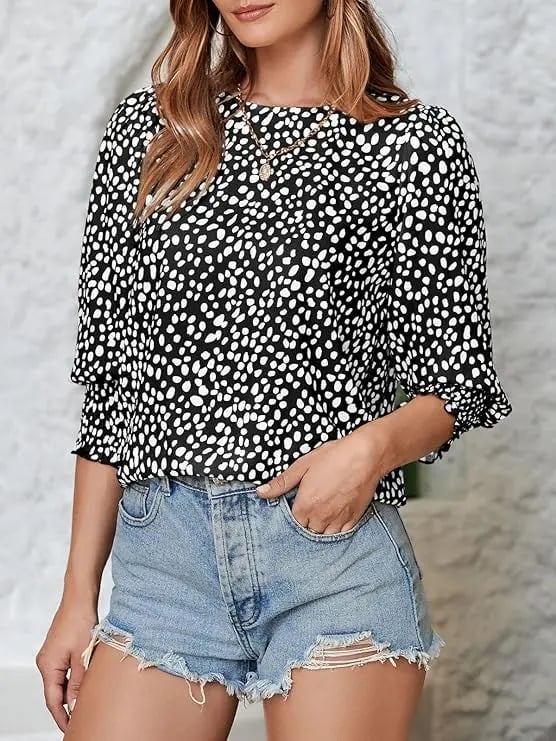 Polka Dot 3/4 Sleeve Blouse – Crew Neck, Relaxed Fit
