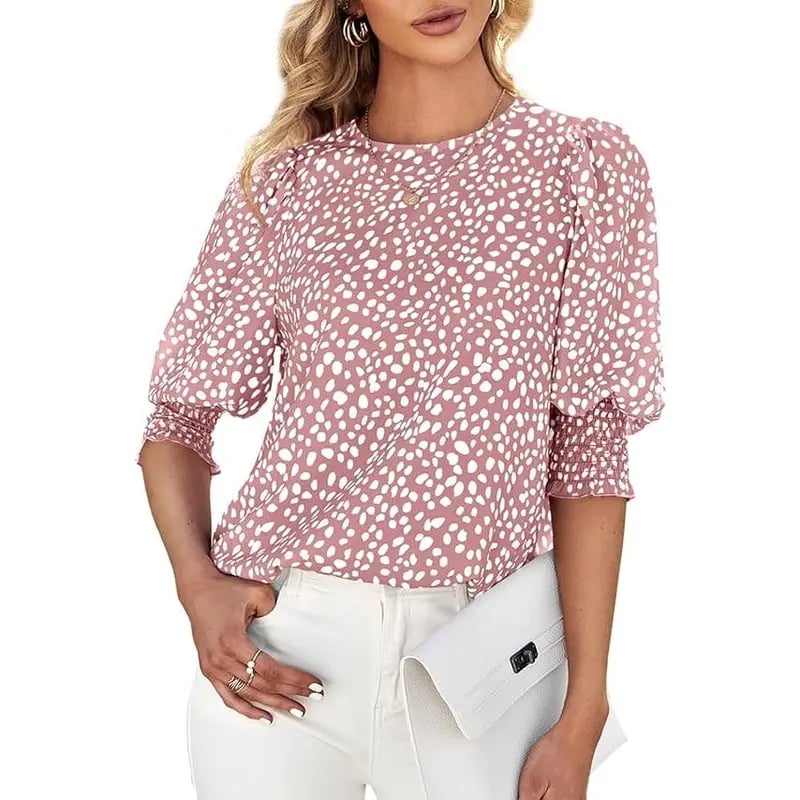 Polka Dot 3/4 Sleeve Blouse – Crew Neck, Relaxed Fit