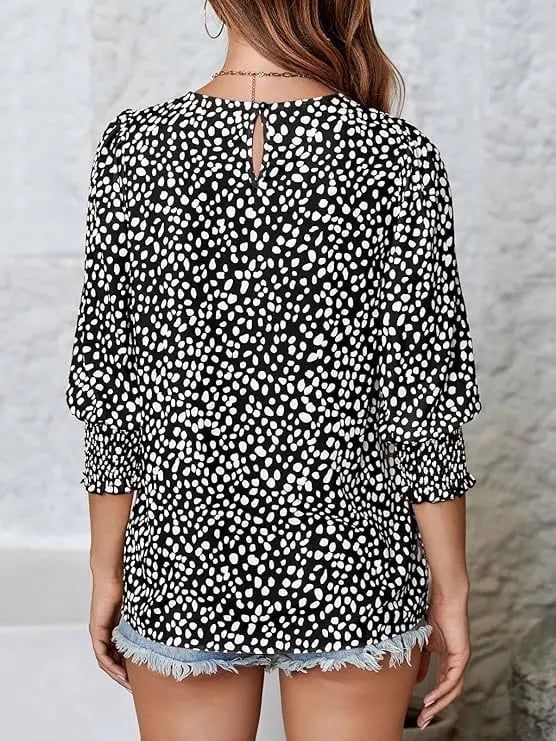 Polka Dot 3/4 Sleeve Blouse – Crew Neck, Relaxed Fit
