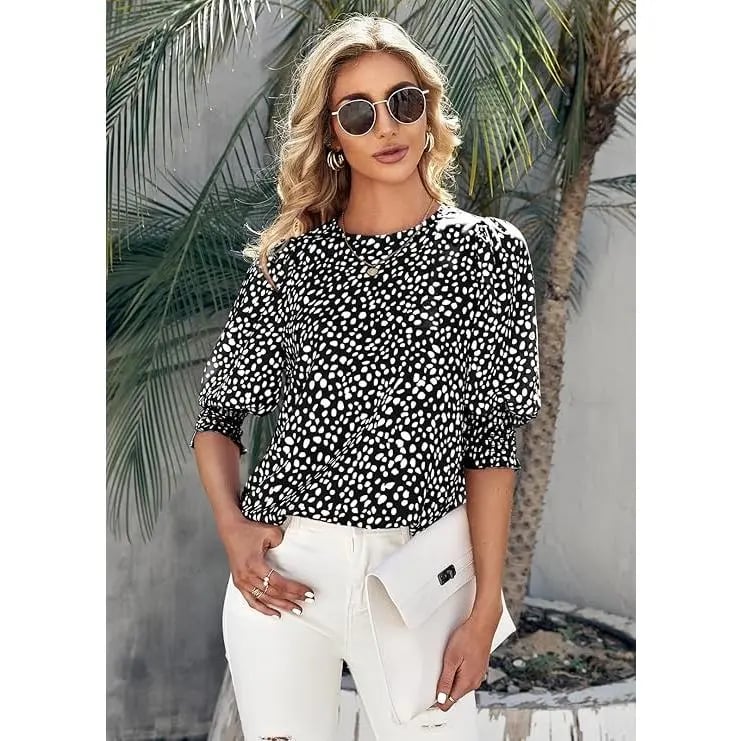 Polka Dot 3/4 Sleeve Blouse – Crew Neck, Relaxed Fit