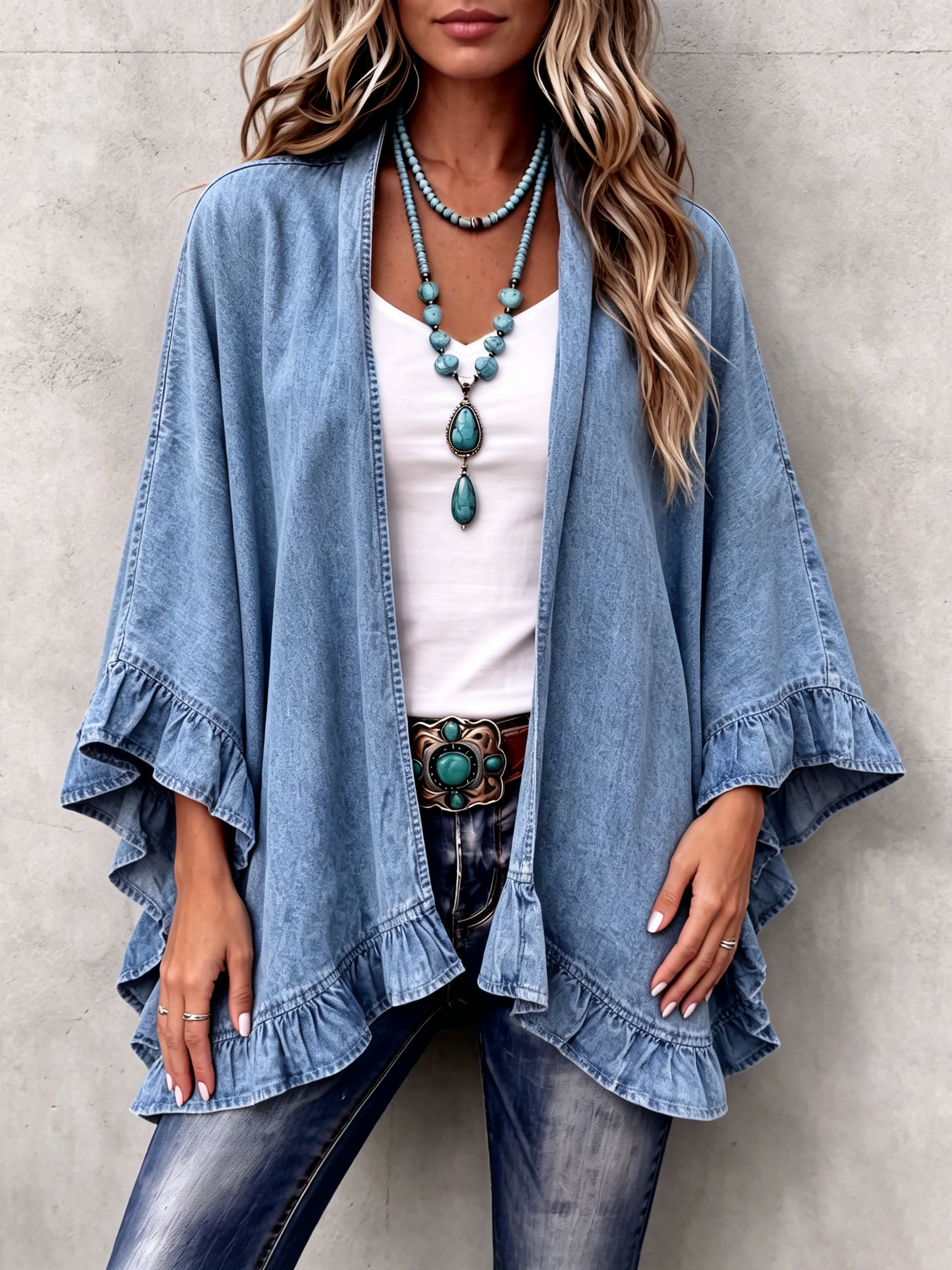 💝💝Chic Boho Denim Ruffle Trim Cardigan