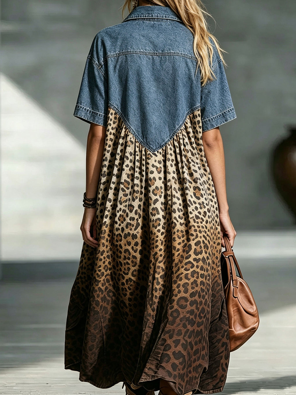 💝💝Women’s Denim Spliced Gradient Leopard Print Shirt Midi Dress