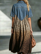 💝💝Women’s Denim Spliced Gradient Leopard Print Shirt Midi Dress
