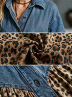 💝💝Women’s Denim Spliced Gradient Leopard Print Shirt Midi Dress