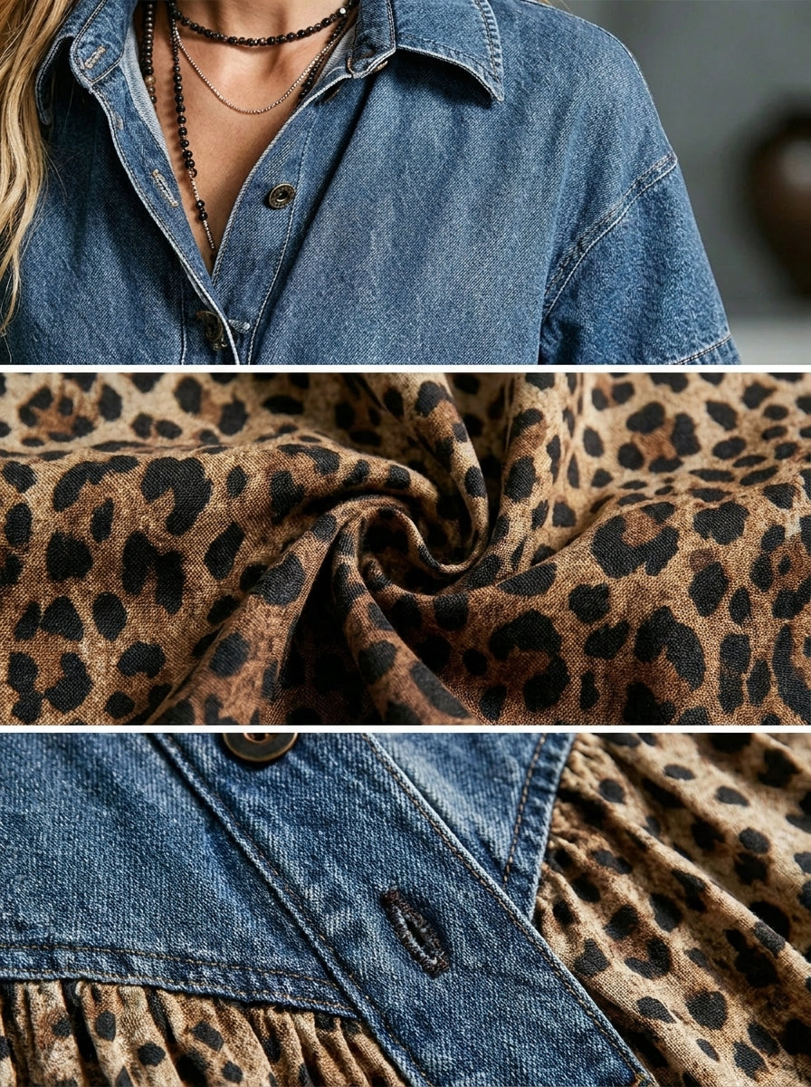 💝💝Women’s Denim Spliced Gradient Leopard Print Shirt Midi Dress