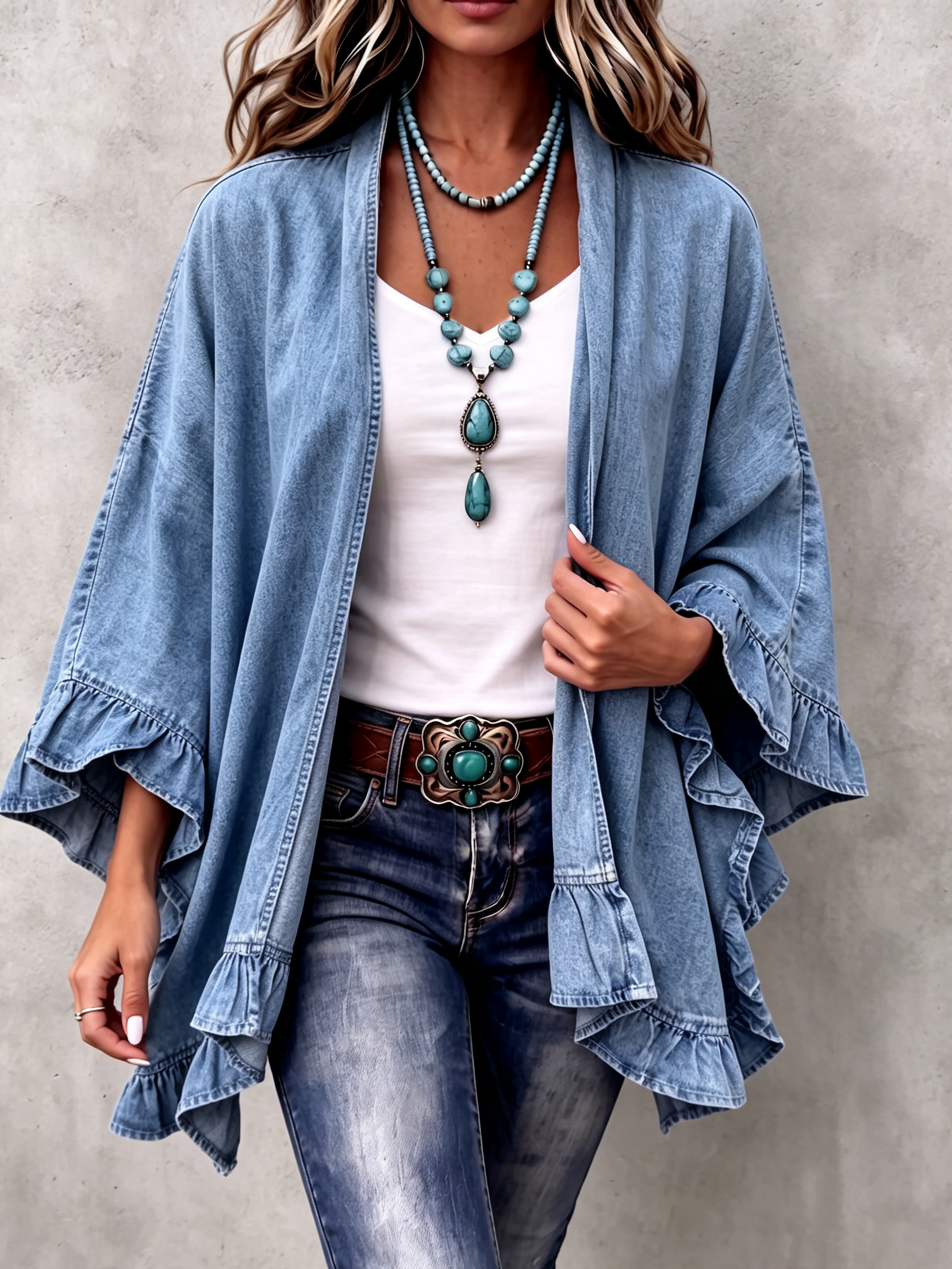 💝💝Chic Boho Denim Ruffle Trim Cardigan