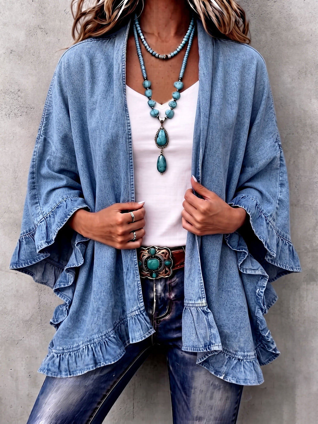 💝💝Chic Boho Denim Ruffle Trim Cardigan