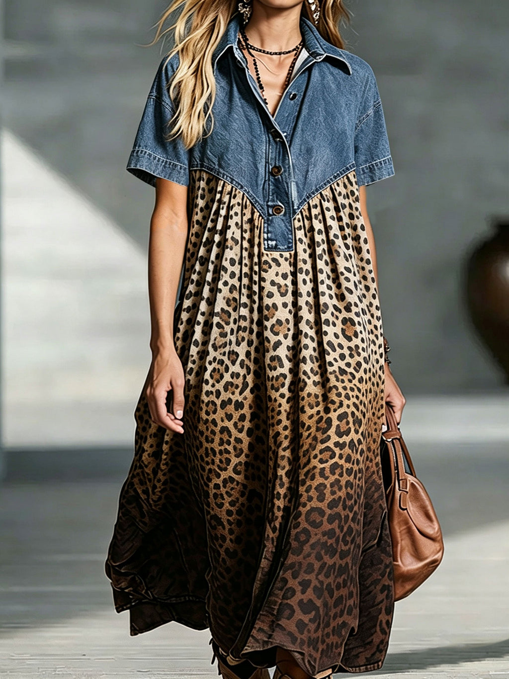 💝💝Women’s Denim Spliced Gradient Leopard Print Shirt Midi Dress