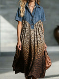 💝💝Women’s Denim Spliced Gradient Leopard Print Shirt Midi Dress