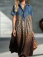 💝💝Women’s Denim Spliced Gradient Leopard Print Shirt Midi Dress