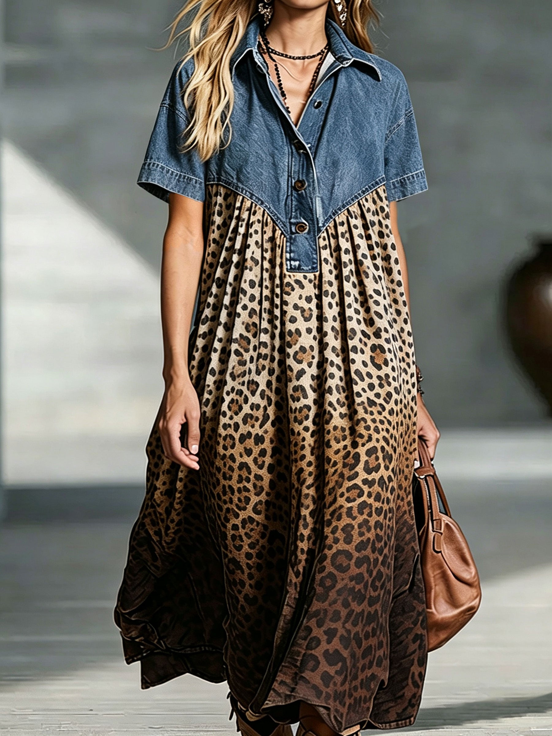 💝💝Women’s Denim Spliced Gradient Leopard Print Shirt Midi Dress